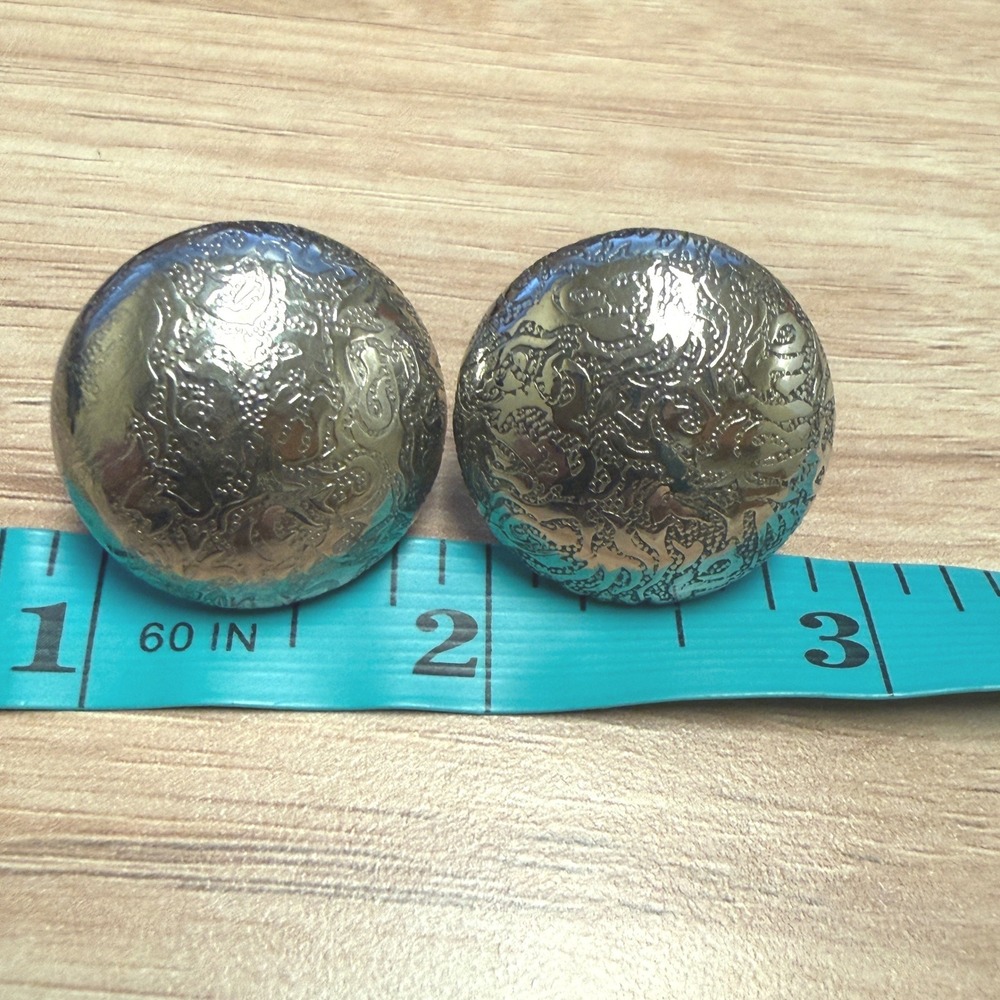 Vintage Silver Tone Etched Floral Dome Button Stud Statement Earrings 1.125in